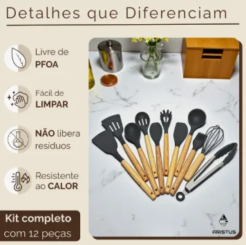 Kit 12 Utensílios De Silicone Com Cabo De Madeira